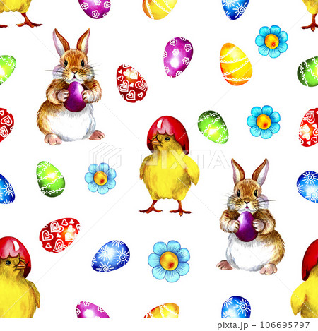 Seamless Easter pattern with eggs, chicks and rabbits. Watercolor illustration. For textiles, packaging, decoration 106695797