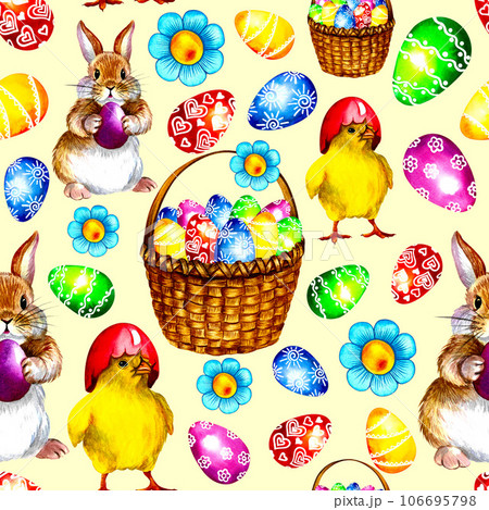 Colorful Easter background. Seamless pattern with eggs, chickens and rabbits. On a yellow background. Watercolor. 106695798