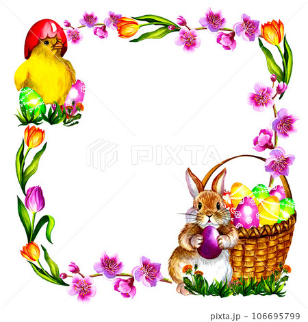 Easter watercolor frame with chick, bunny, basket of easter eggs and flowers. On a white background. Watercolor. 106695799