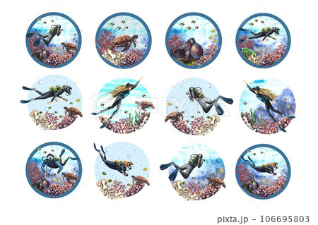 A set of round compositions with divers at the bottom of the sea. Watercolor hand drawn illustration. For label, magnet, business card and banner, flyer and brochure. For prints, stickers, postcards. A set of round compositions with divers at the bottom of the sea. Watercolor hand drawn illustration. For label, magnet, business card and banner, flyer and brochure. For prints, stickers, postcards. 106695803