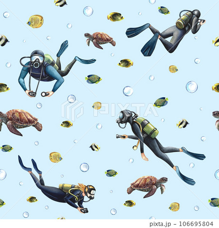 Seamless pattern with divers. Underwater travel. Watercolor hand drawn. The concept of labels, packaging, textiles. Seamless pattern with divers. Underwater travel. Watercolor hand drawn. The concept of labels, packaging, textiles. 106695804