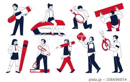 Persons holding stationery. Work or drawing office supplies concept. Woman with big stapler and felt-tip marker. Man carrying scissors or pencil. Magnifier in hand. Vector characters set Persons holding stationery. Work or drawing office supplies concept. Woman with big stapler and felt-tip marker. Man carrying scissors or pencil. Magnifier in hand. Vector characters set 106696054