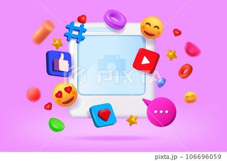Blog post. Blank photo frame. Hearts and happy smileys. Mobile screen. Comments in social media. Digital like and follow in web. Online influencer. Blurred shapes. Vector background 106696059