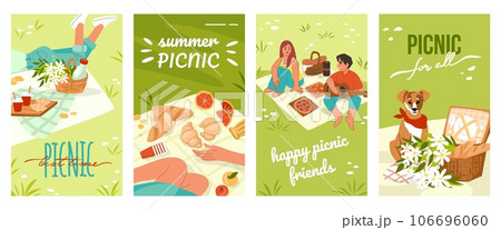 Picnic posters. People on blanket in park, basket with food and drinks, bbq and bread on grass, family weekend lunch on landscape. Outdoor summer vacation. Vector cartoon illustration 106696060