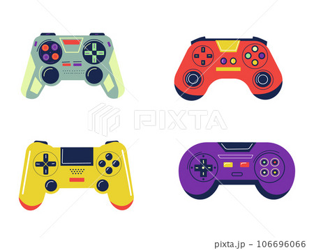 Joystick set. Colorful controllers for video games. Different bright gamepads collection. Wireless entertainment gadgets with buttons. Game equipment. Vector Cartoon flat isolated illustration 106696066