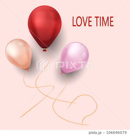 Realistic colorful balloons. Love time card. Red beige and pink bubbles, holiday gift. Party decorative element. Romantic poster template. 3d isolated design elements. Vector illustration 106696079