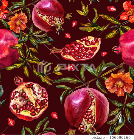 Pomegranate seamless pattern. Pomegranate fruit on a branch, open pomegranate, flowers. Watercolor illustration. 106696160