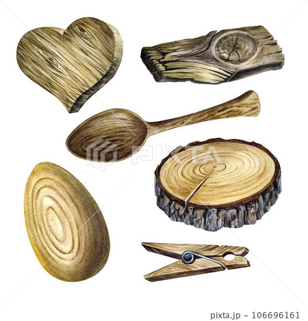 Woodwork set, old wood plank and round wood cutting. Watercolor illustration isolated on white background. 106696161