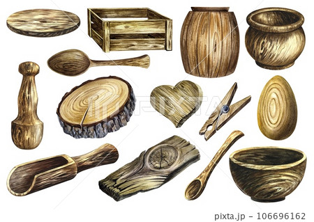 A set of wood products, crockery and utensils. Watercolor hand-drawn illustrations. Clip art. Isolates on a white background. for design solutions. natural texture. 106696162