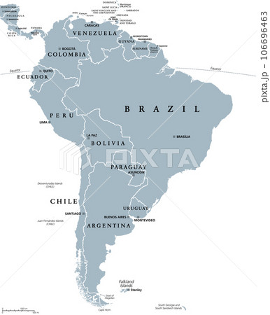 South America, gray political map with international borders and capitals. A continent, bordered by the Pacific and Atlantic Ocean, North America and the Caribbean Sea. Isolated illustration. Vector. 106696463