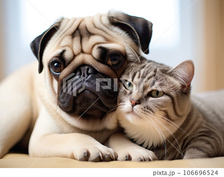 Animal friendship, cat and dog hugged each other Animal friendship, cat and dog hugged each other 106696524