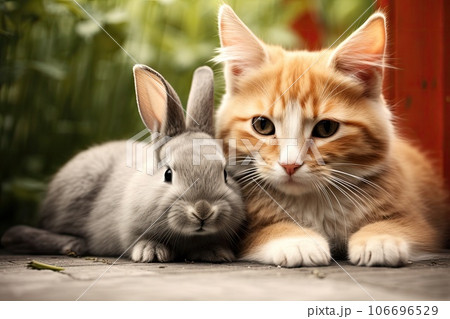 Little kitten and a rabbit on green plants background Little kitten and a rabbit on green plants background 106696529