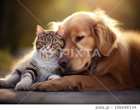 Animal friendship, golden retriever dog and cat touching heads Animal friendship, golden retriever dog and cat touching heads 106696534