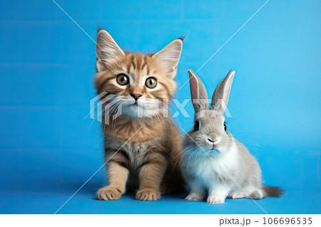 Little kitten and a rabbit on blue background 106696535