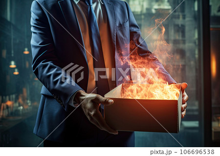 Сlose-up cardboard box with fire inside held by an office worker Сlose-up cardboard box with fire inside held by an office worker 106696538