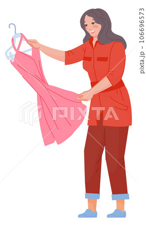 Woman looking on pink dress. Clothes shopping person Woman looking on pink dress. Clothes shopping person 106696573