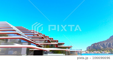 Newly constructed modern hotel on the Adriatic sea shore in Dubrovnik. 3d rendering. Newly constructed modern hotel on the Adriatic sea shore in Dubrovnik. 3d rendering. 106696696