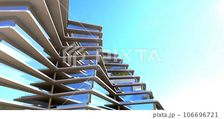 The model of the modern apartment building of unusual facade shape. View from below against the blue sky. 3d rendering. The model of the modern apartment building of unusual facade shape. View from below against the blue sky. 3d rendering. 106696721