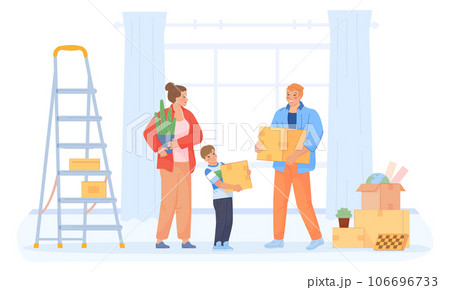 Parents and kid hold cardboard boxes. Family moving house 106696733