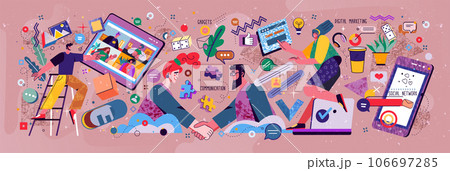 Business technology. People characters. Mobile gadgets. Finance and digital marketing. Colleagues communication and negotiation. Video conference. Man and woman handshaking. Vector flat exact concept 106697285