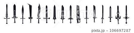 Sword icons. Medieval weapon silhouette design. Fantasy knife. Samurai katana. Pirate or knight dagger. Metal weapon. Steel broadsword or sharp saber. War fight. Viking arms. Vector black symbols set Sword icons. Medieval weapon silhouette design. Fantasy knife. Samurai katana. Pirate or knight dagger. Metal weapon. Steel broadsword or sharp saber. War fight. Viking arms. Vector black symbols set 106697287