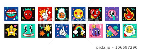 Comic characters. Fun elements, cute and happy cartoon faces, funny smiles and people. Rainbow and star sticker, crazy avocado and heart. Different emotions. Vector abstract tidy banner and cards 106697290