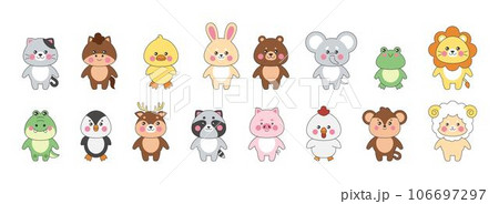 Kawaii animals. Cute farm characters, zoo and wildlife animals. Little cat, horse and baby duck, rabbit and chicken. Frog chicken and lion. Nursery childish decor. Vector cartoon tidy illustration Kawaii animals. Cute farm characters, zoo and wildlife animals. Little cat, horse and baby duck, rabbit and chicken. Frog chicken and lion. Nursery childish decor. Vector cartoon tidy illustration 106697297