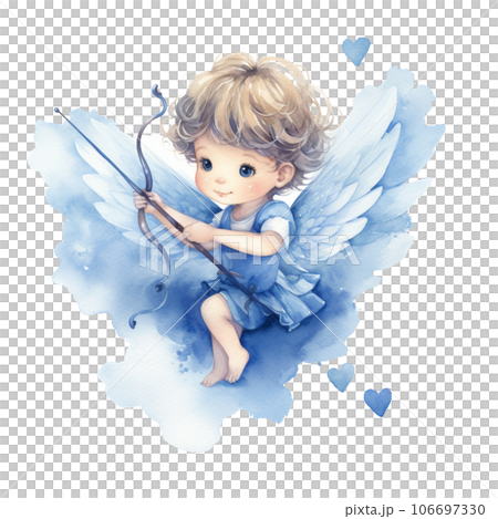 AI generative watercolor love blue heart on transparent background, angel Cupid with heart 106697330