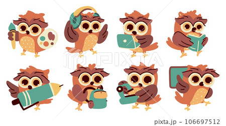 Owl . Set of cute cartoon characters . Hand drawn style . Education concept . Vector . 106697512