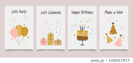 Happy birthday. Set of greeting cards with cakes, balloons, gifts and party hats with calligraphy. Cute congratulations templates in a simple style. Vector Happy birthday. Set of greeting cards with cakes, balloons, gifts and party hats with calligraphy. Cute congratulations templates in a simple style. Vector 106697957