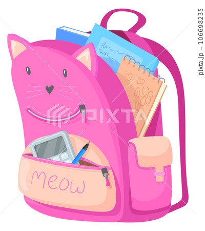 Pink backpack. School kitty bag with kid supplies 106698235