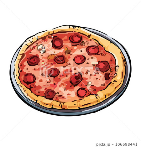 Hand Draw Pizza with various ingredients in cartoon style. Whole and chopped pizza icon. Vector illustration EPS10 106698441