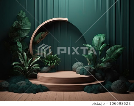Green podium in modern tropical background for product placement 3d render. AI Generative 106698628