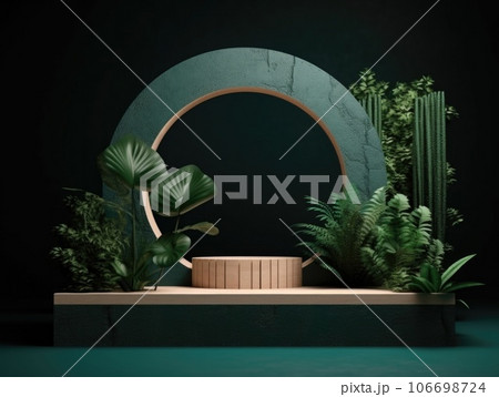 Green podium in modern tropical background for product placement 3d render. AI Generative 106698724