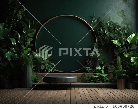 Green podium in modern tropical background for product placement 3d render. AI Generative 106698726