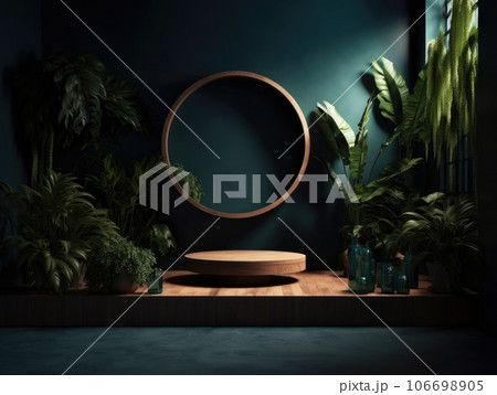 Green podium in modern tropical background for product placement 3d render. AI Generative 106698905