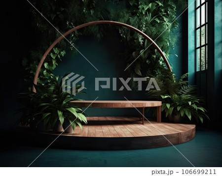 Green podium in modern tropical background for product placement 3d render. AI Generative 106699211
