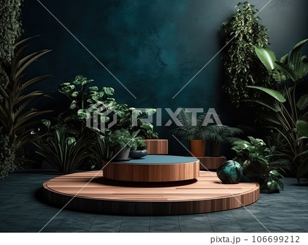 Green podium in modern tropical background for product placement 3d render. AI Generative 106699212