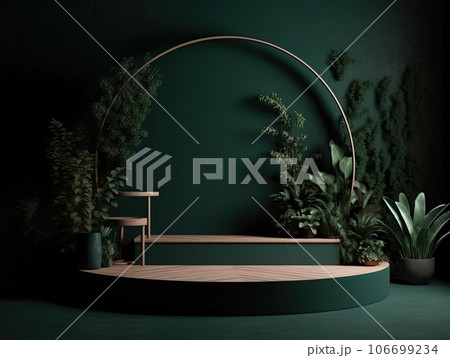 Green podium in modern tropical background for product placement 3d render. AI Generative 106699234
