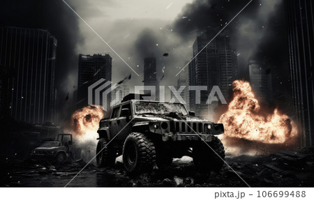 Intense battlefield scene. Burning armored military vehicle in city. Created AI tools 106699488
