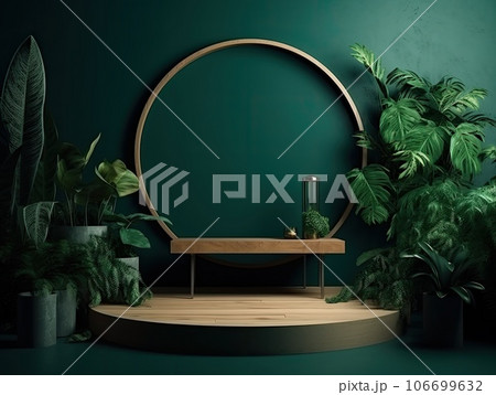 Green podium in modern tropical background for product placement 3d render. AI Generative Green podium in modern tropical background for product placement 3d render. AI Generative 106699632