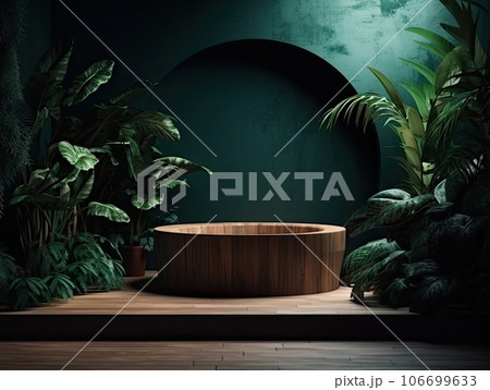 Green podium in modern tropical background for product placement 3d render. AI Generative 106699633