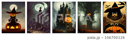 halloween night vector background. creepy halloween castle. scary castle vector illustration vertical poster. set for background, poster or flyer 106700126