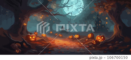 vector halloween haunted old graveyard lit by the glow of the full moon and guarded by orange jack-o'-lanterns under spooky old dead trees. banner for autumn spooky holiday vector halloween haunted old graveyard lit by the glow of the full moon and guarded by orange jack-o'-lanterns under spooky old dead trees. banner for autumn spooky holiday 106700150