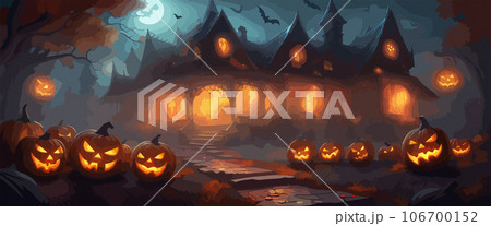 vector halloween haunted old graveyard lit by the glow of the full moon and guarded by orange jack-o'-lanterns under spooky old dead trees. banner for autumn spooky holiday vector halloween haunted old graveyard lit by the glow of the full moon and guarded by orange jack-o'-lanterns under spooky old dead trees. banner for autumn spooky holiday 106700152