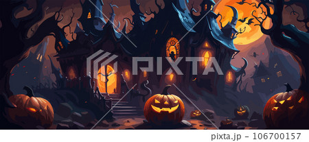 vector halloween haunted old graveyard lit by the glow of the full moon and guarded by orange jack-o'-lanterns under spooky old dead trees. banner for autumn spooky holiday vector halloween haunted old graveyard lit by the glow of the full moon and guarded by orange jack-o'-lanterns under spooky old dead trees. banner for autumn spooky holiday 106700157