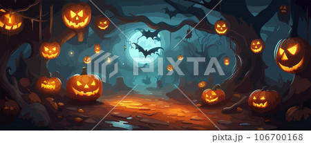 vector halloween haunted old graveyard lit by the glow of the full moon and guarded by orange jack-o'-lanterns under spooky old dead trees. banner for autumn spooky holiday vector halloween haunted old graveyard lit by the glow of the full moon and guarded by orange jack-o'-lanterns under spooky old dead trees. banner for autumn spooky holiday 106700168