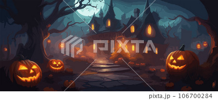 vector halloween haunted old graveyard lit by the glow of the full moon and guarded by orange jack-o'-lanterns under spooky old dead trees. banner for autumn spooky holiday 106700284