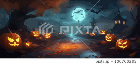 vector halloween haunted old graveyard lit by the glow of the full moon and guarded by orange jack-o'-lanterns under spooky old dead trees. banner for autumn spooky holiday 106700285