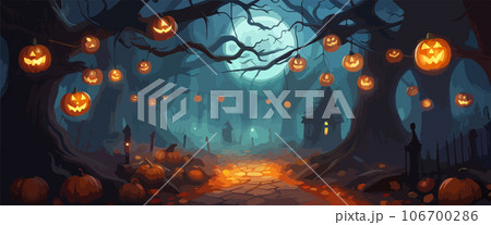 vector halloween haunted old graveyard lit by the glow of the full moon and guarded by orange jack-o'-lanterns under spooky old dead trees. banner for autumn spooky holiday vector halloween haunted old graveyard lit by the glow of the full moon and guarded by orange jack-o'-lanterns under spooky old dead trees. banner for autumn spooky holiday 106700286